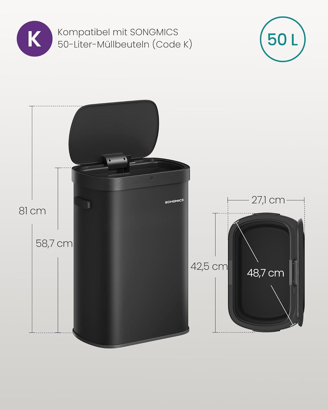 SONGMICS Mülleimer mit Sensor, automatischer Abfalleimer 50 L, Öffnen per Handbewegung oder Berühren
