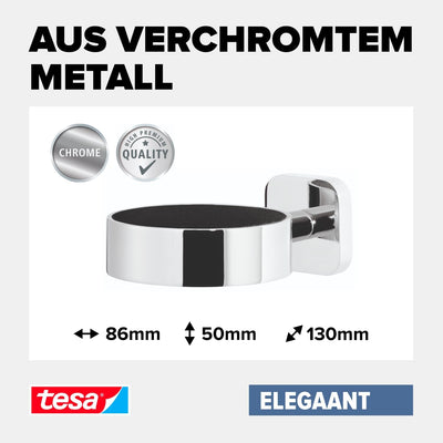 tesa ELEGAANT Fönhalter verchromt, edles Design, Metall, inkl. Klebelösung, starker Halt, 128 mm x 8