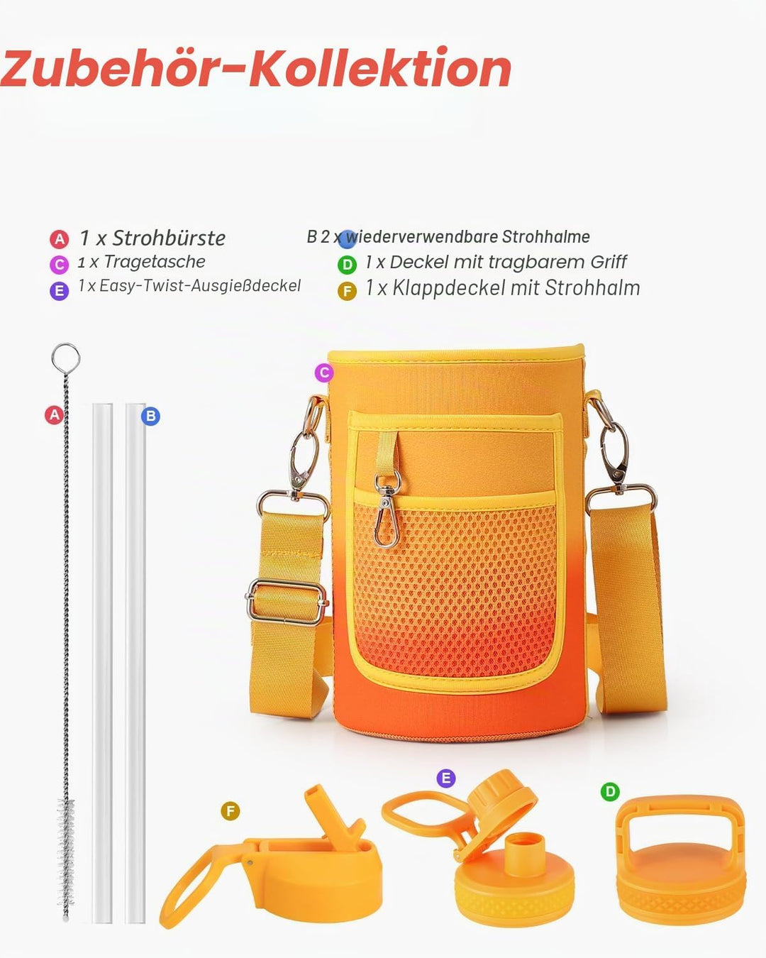 Coolflask Isolierte Wasserflasche mit Strohhalm und 3 Deckeln, 1,8 l Wasserkrug, grosser Metall-Edel