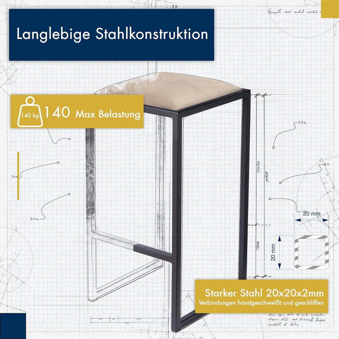 FERRO modern design Barhocker Schwarz ohne Lehne 64 cm - Metal Barstuhl mit Gepolstertem Sitz - Loft