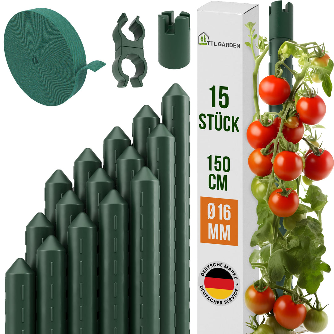 TTL GARDEN Rankstäbe 15er Set 150cm x 16mm Ø grün - extra stabil & rostfrei | 16mm Rankhilfe Pflanzs