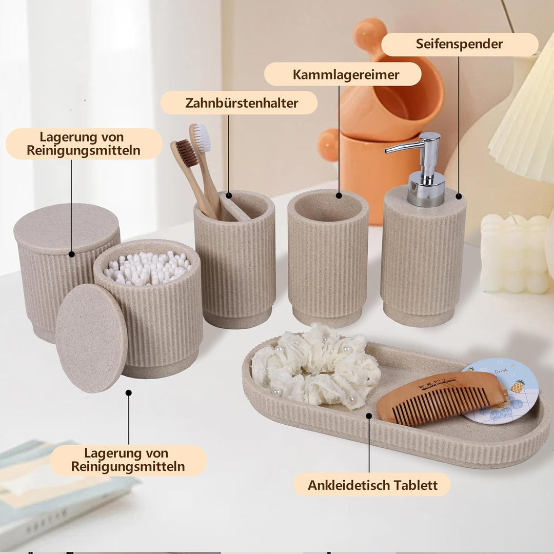 Badezimmer Set 6-teilig – Seifenspender + Zahnputzbecher mit Tablett & Wattestäbchenbox – Streifen-D