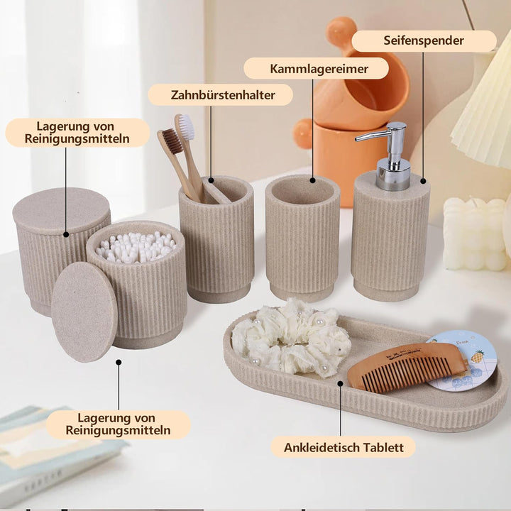Badezimmer Set 6-teilig – Seifenspender + Zahnputzbecher mit Tablett & Wattestäbchenbox – Streifen-D