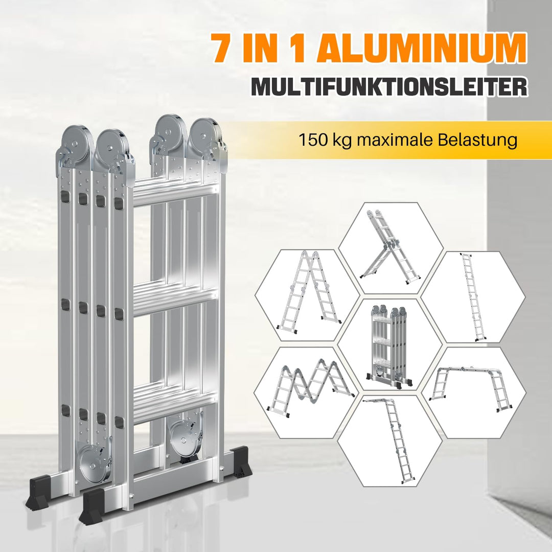 4x3 Mehrzweckleiter 360cm 7 in 1 Alu Leiter mit 2 plattform und 2 Transport Rollen bis 150 kg，Vielzw