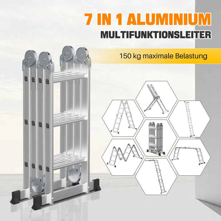 4x3 Mehrzweckleiter 360cm 7 in 1 Alu Leiter mit 2 plattform und 2 Transport Rollen bis 150 kg，Vielzw