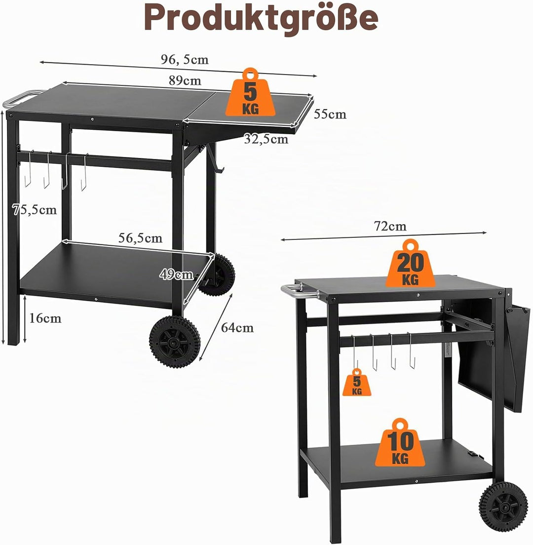 KOMFOTTEU Grilltisch Grillwagen Metall, Garten Rollwagen mit klappbaren Arbeitstisch, Küchenregal au