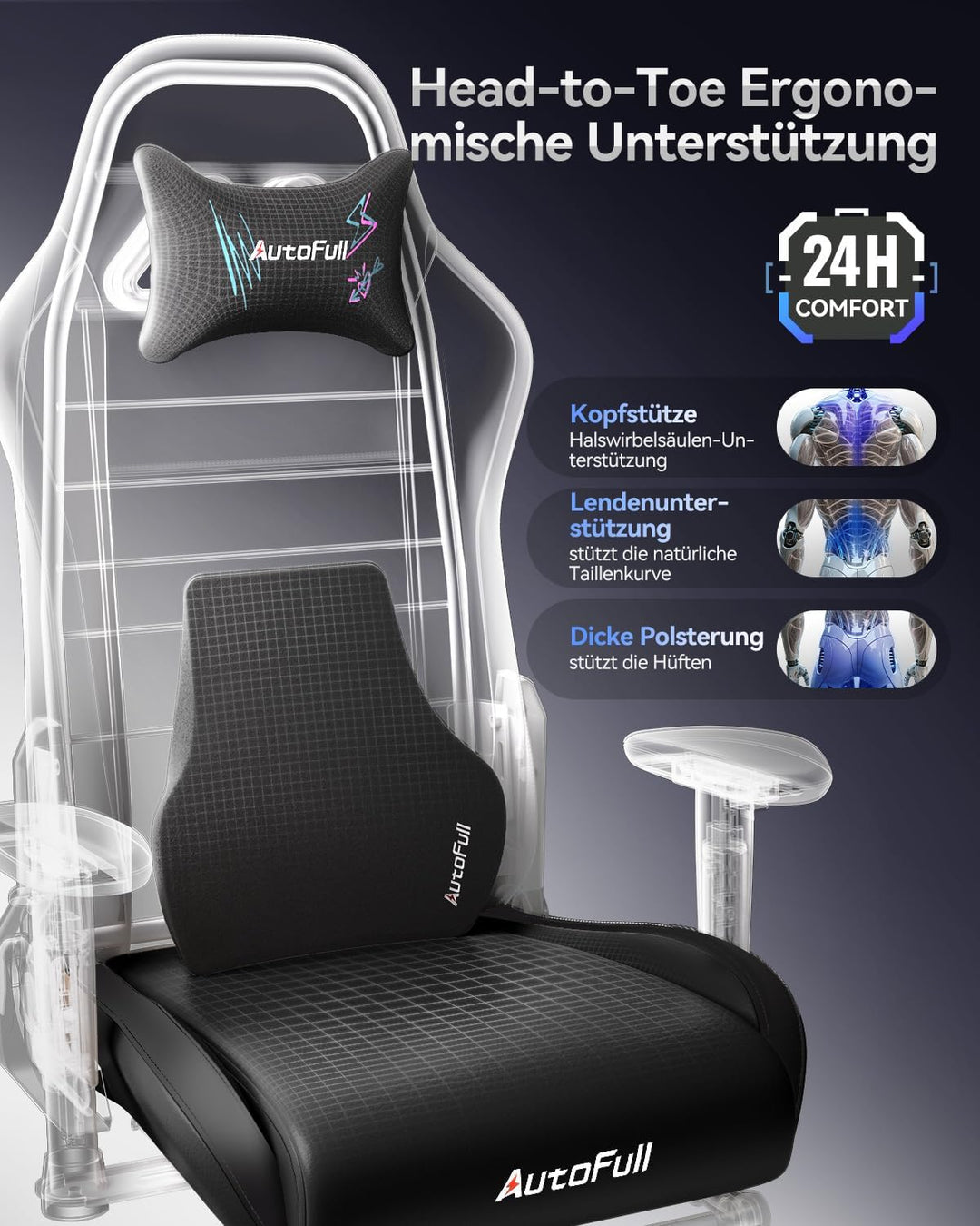 AutoFull C3 Gaming Stuhl Rennstil, Ergonomisch Gaming-Stuhl mit Fussstütze, Gaming Stühle mit Höhenv