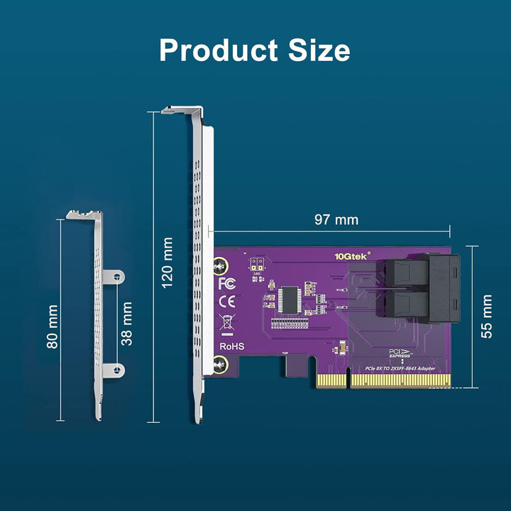 10Gtek® PCIe 3.0 X8 zu SFF-8643 Adapter für U.2 SSD, X8, (2) SFF-8643, mit Low-Profile Bracket, Supp