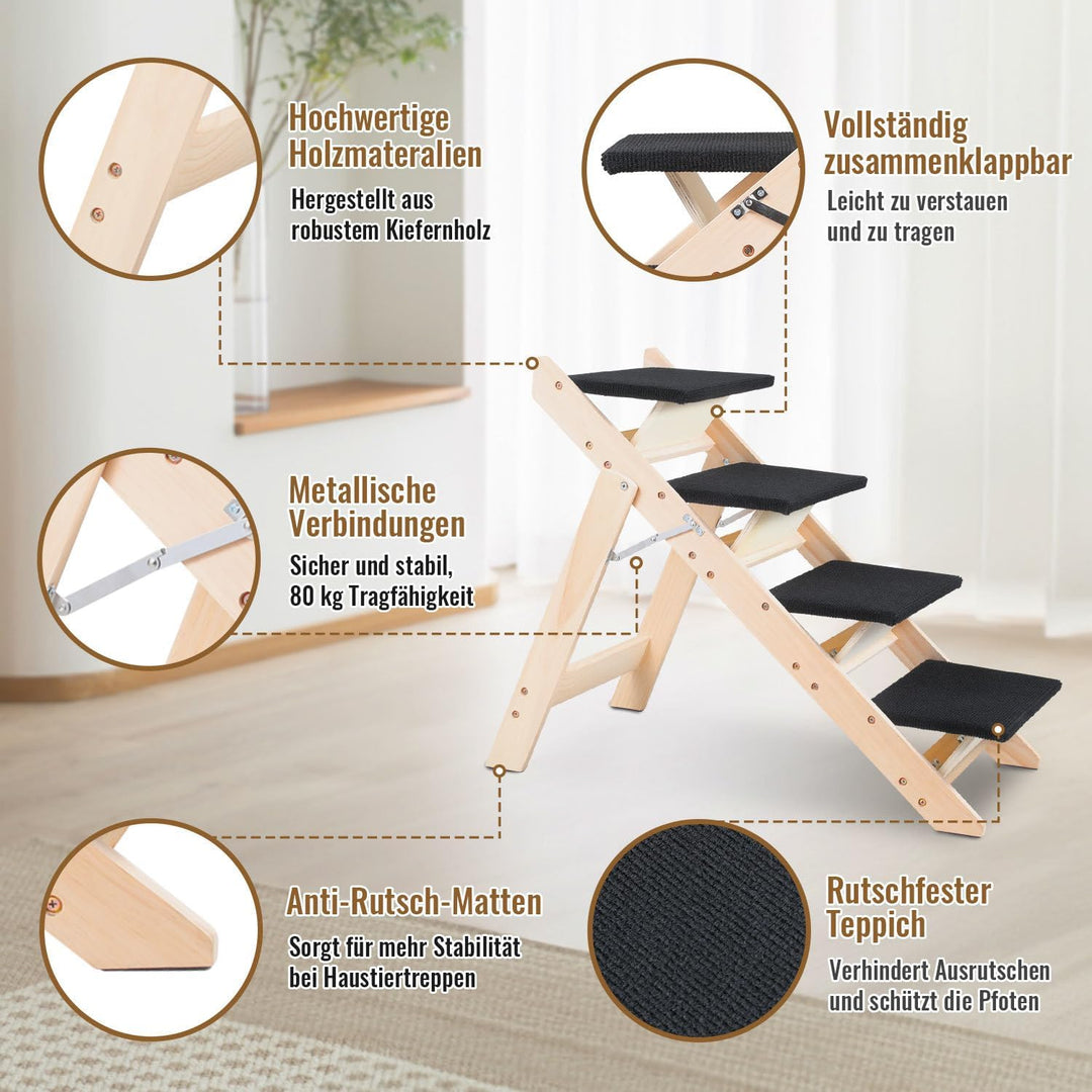 Hunderampe, 4 Stufen, klappbar, 2-in-1 Hundetreppe bis 80 kg Tragfähigkeit 80 Kg 2-in-1, Höhe 65,5 c