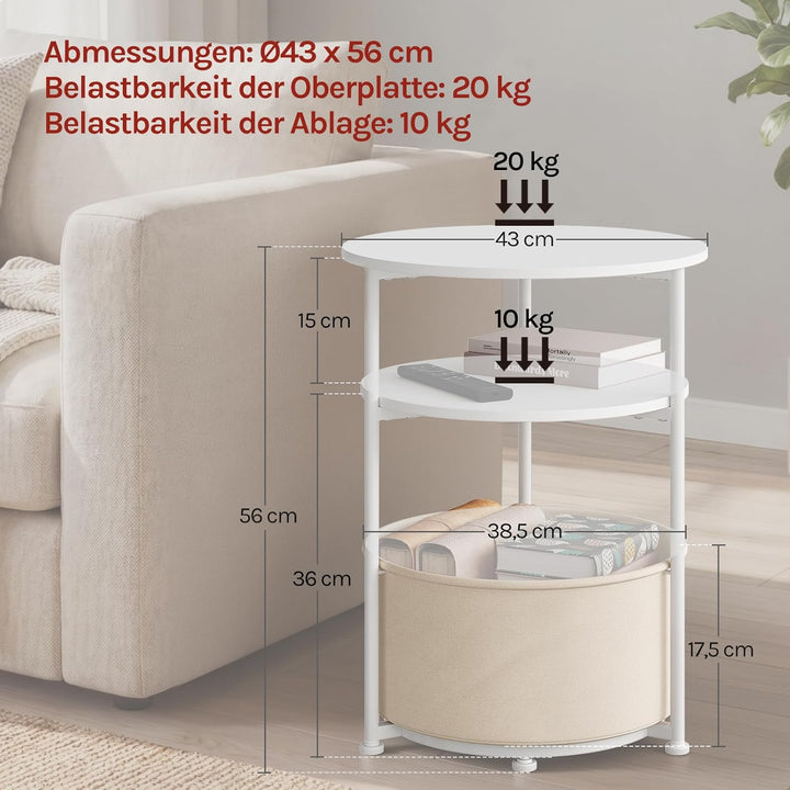 WOLTU Couchtisch rund, Kleiner Beistelltisch, mit abnehmbarem Stoffkorb, Metallrahmen, für Sofa Wohn