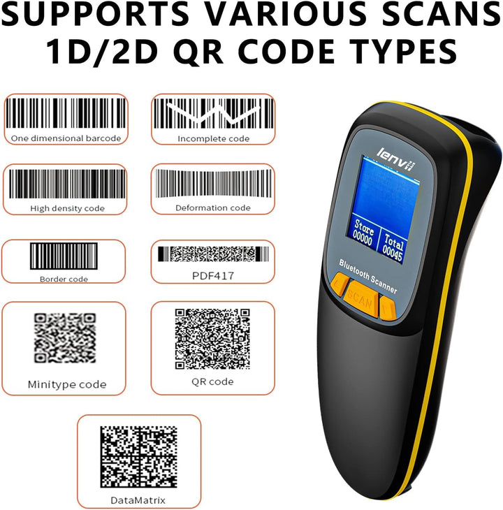 LENVII Mini Bluetooth 2D Barcode Scanner Kabellos – 3-in-1 mit LCD Display Schwarz, Schwarz