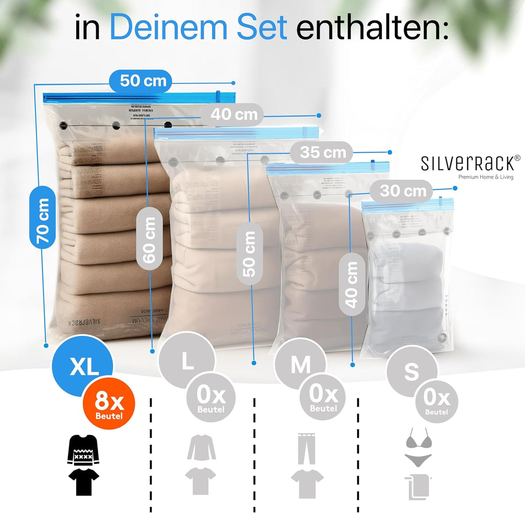 Vakuumbeutel für Kleidung Reise zum Rollen [8 Stück] X-Large (50x70 cm) - grosse Rucksack Kompressio