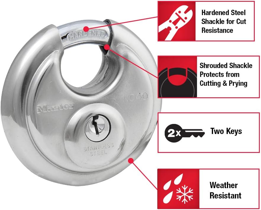 Master Lock 40KADPF Rundes Vorhängeschloss mit geschirmtem Bügel, Edelstahl