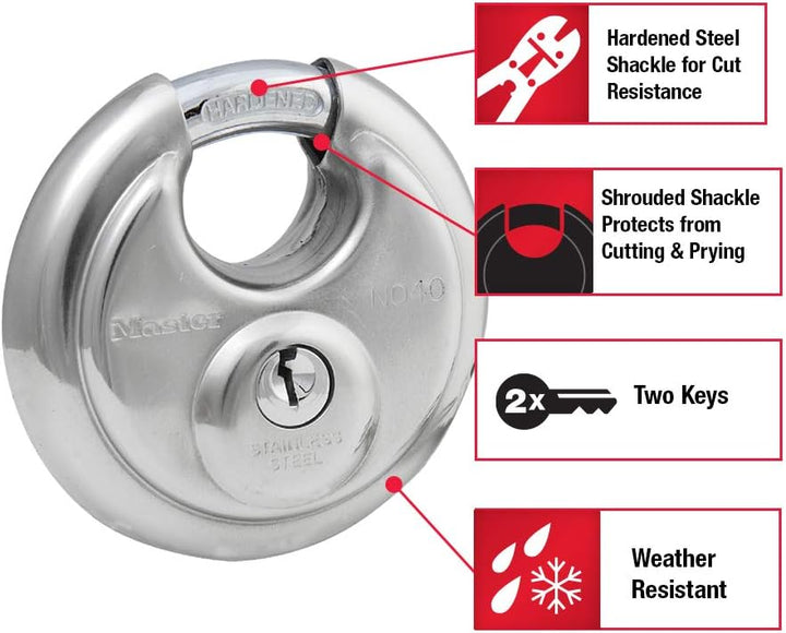 Master Lock 40KADPF Rundes Vorhängeschloss mit geschirmtem Bügel, Edelstahl