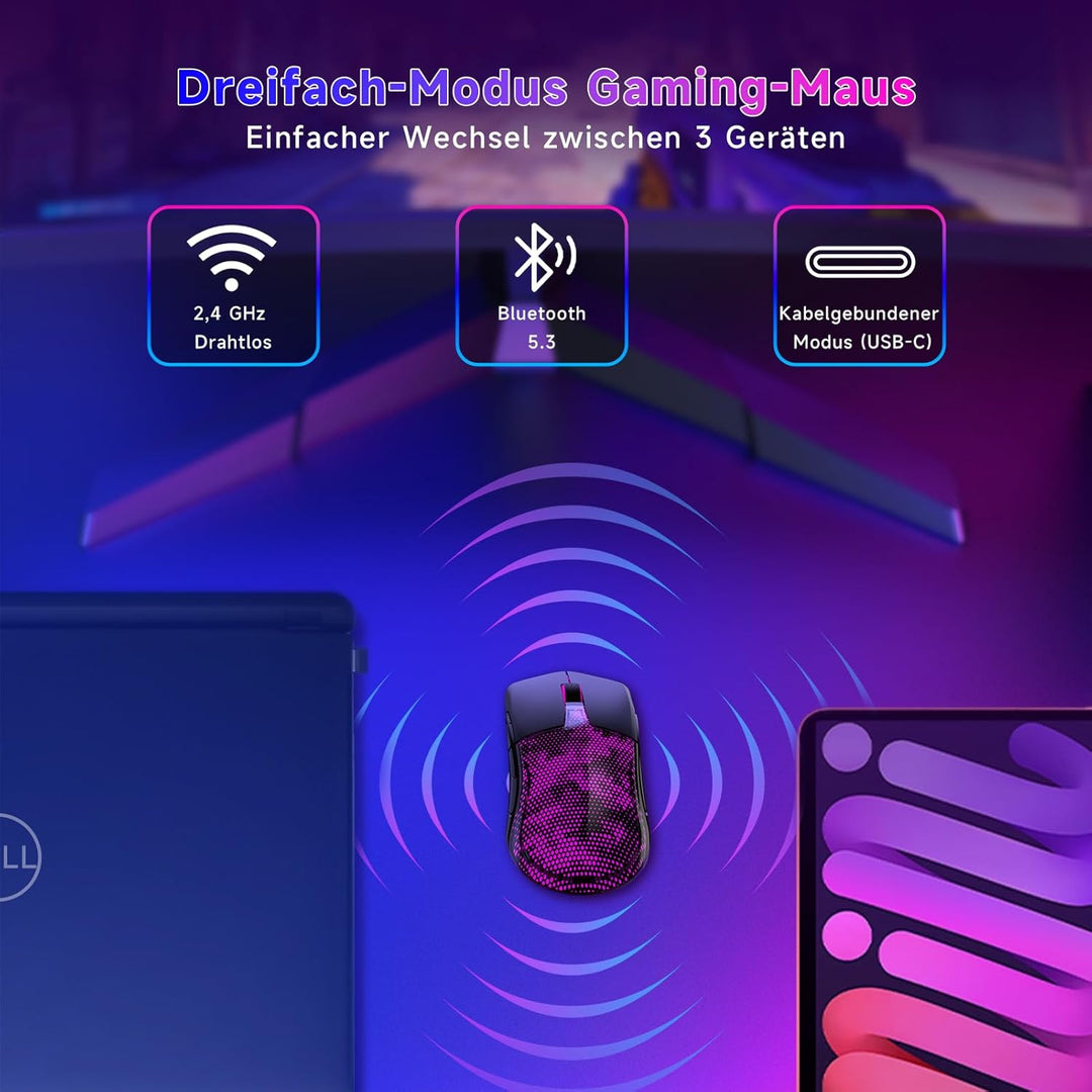 Gaming Maus Kabellos, 12K DPI, 2,4g/USB-C/Bluetooth 5.3 Gaming Mouse, GrossE RGB-Hintergrundbeleucht