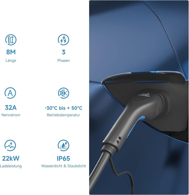 EVDANCE Typ 2 Ladekabel 22kW | 32A | 8m | 3-Phasig | Typ 2 auf Typ 2 | mit Tasche für E Auto EV/PHEV