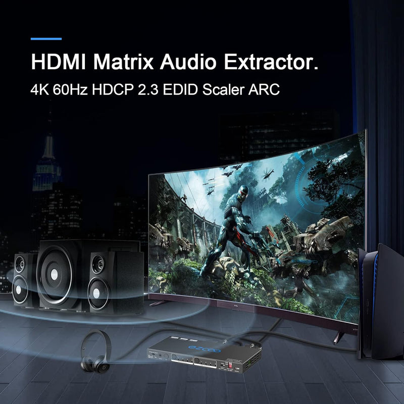 HDMI Matrix 4 in 2 Out 4K 60Hz 4:4:4 ARC HDR D-olby Vision Atmos SPDIF 5.1CH Breakout 3.5mm Stereo H