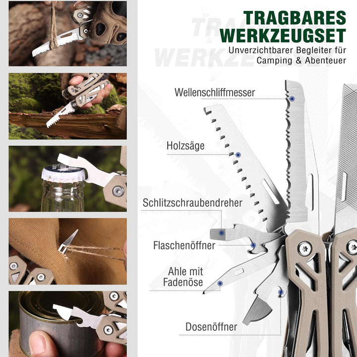 Mossy Oak 22-in-1 Multifunktionszange, Edelstahl Multitool Werkzeug, Faltbares Multi-Tool mit Bits,
