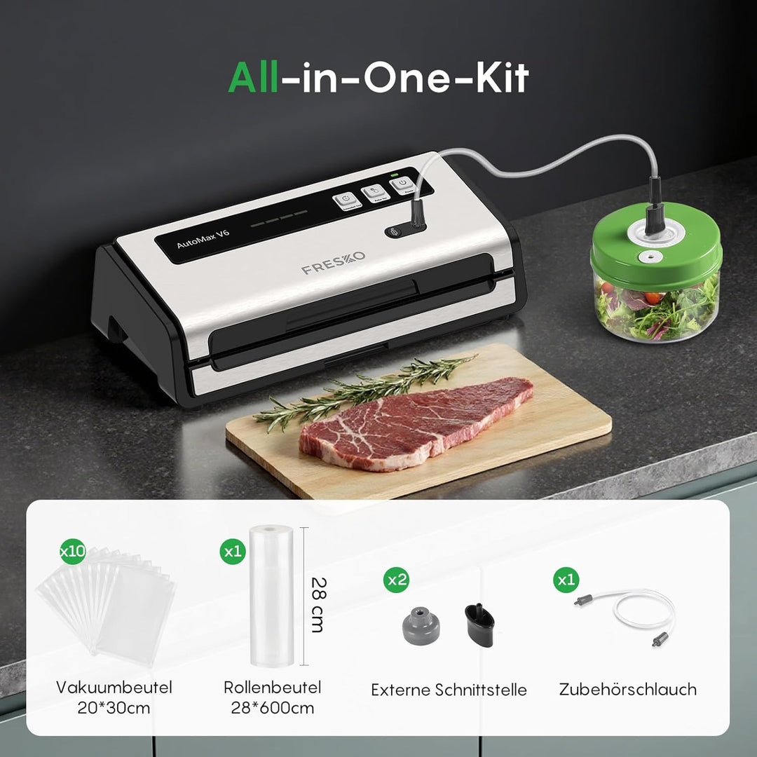 FRESKO Automatische Vakuumiergerät, 140 W Vakuumierer, Doppelte Heisssiegelung, Integrierter Schneid