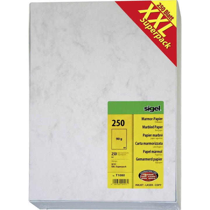 SIGEL T1080 Hochwertiges Marmor-Papier A4 grau (250 Blatt, 90 g) beidseitig marmoriert, Briefpapier,