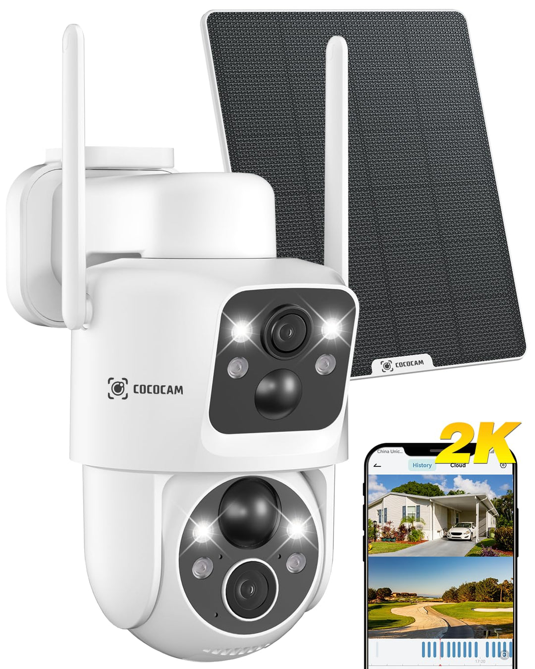 COCOCAM 2K Überwachungskamera Aussen Akku WLAN mit Dual-Objektiv, Solar Kamera Outdoor, Dual PIR, 10