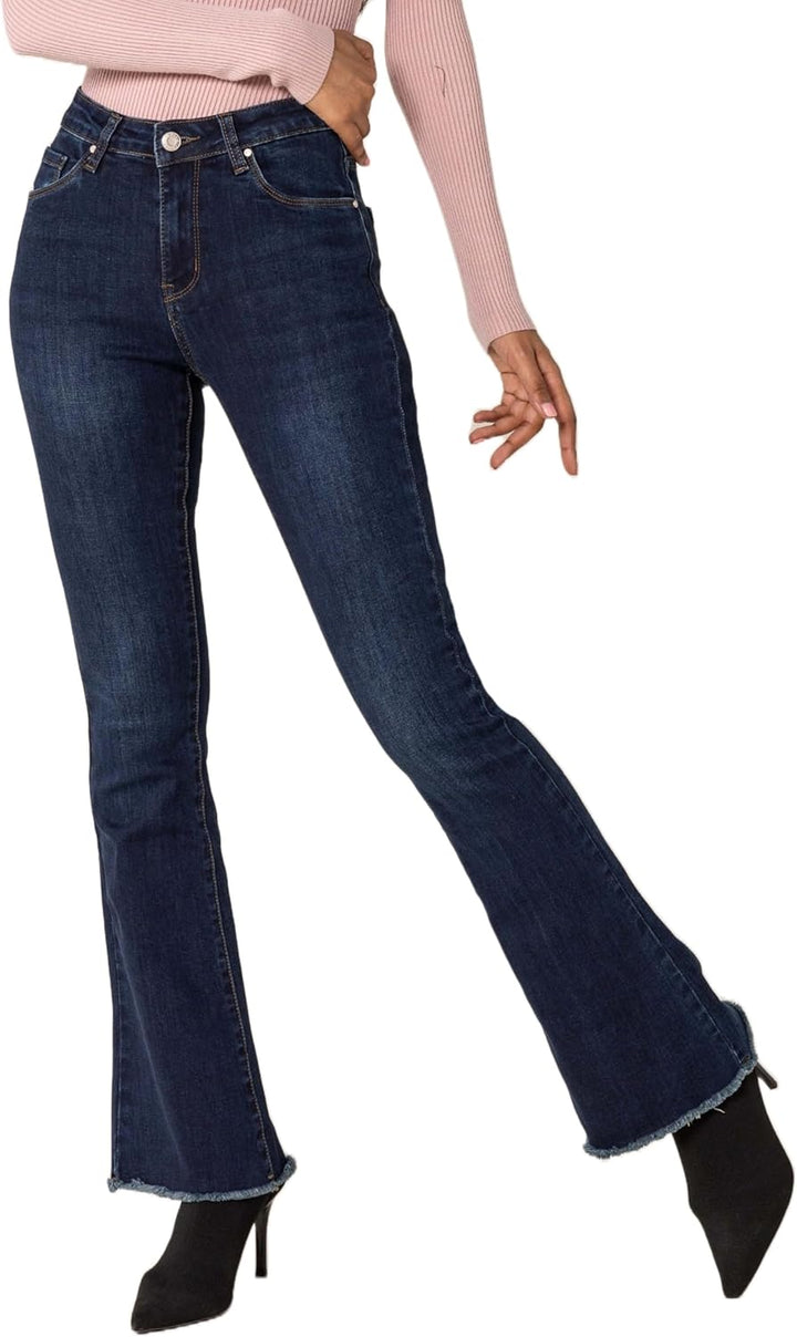 Nina Carter Damen Bootcut Jeans im Retro-Stil Mid Waist Stretchjeans Jeanshosen Used-Look Schlaghose