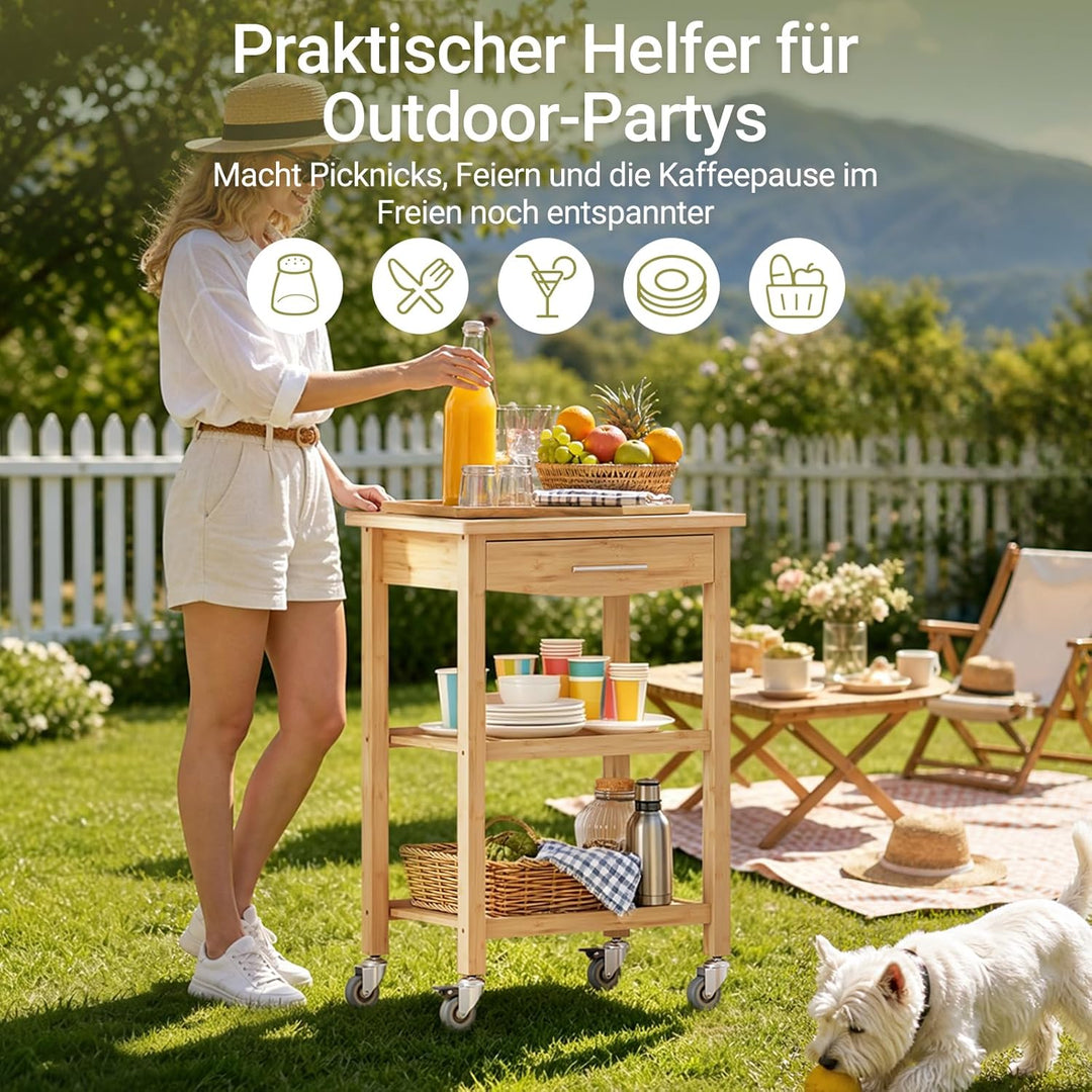 SoBuy FKW28-SCH Servierwagen mit Schublade und 2 Ablagen Kücheninsel Küchenwagen Küchenregal aus Bam