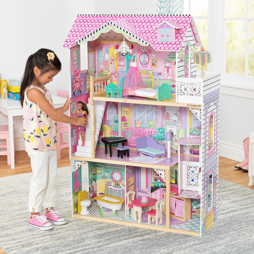 KidKraft Annabelle Puppenhaus aus Holz mit Möbeln und Zubehör, Spielset mit Aufzug und Balkon für 30