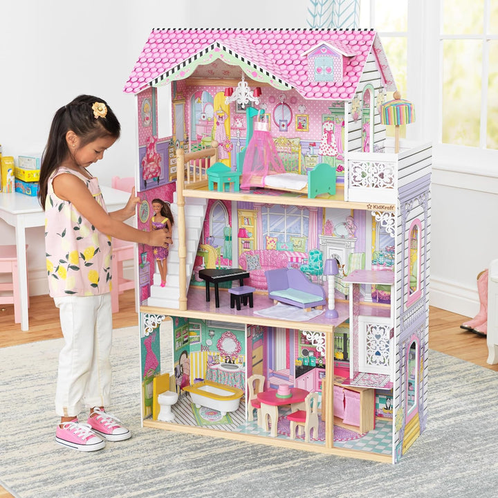 KidKraft Annabelle Puppenhaus aus Holz mit Möbeln und Zubehör, Spielset mit Aufzug und Balkon für 30