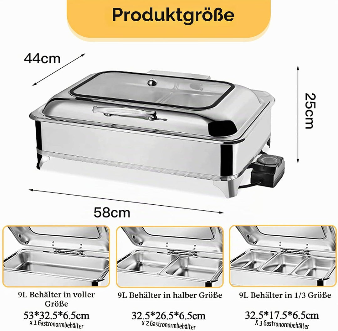 Chafing Dish Elektrisch, 9L Edelstahl Speisewärmer Buffetwärmer mit Sichtbarem Glasdeckel, Kommerzie