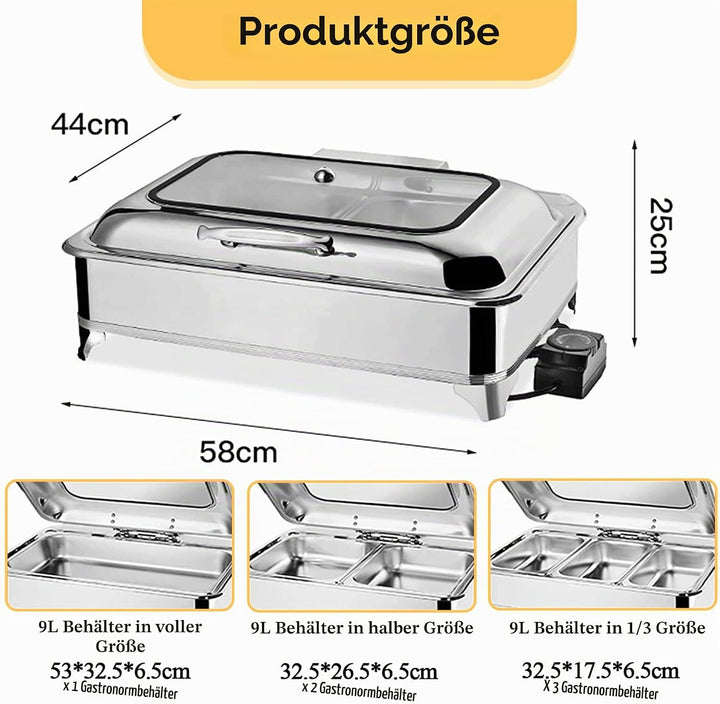 Chafing Dish Elektrisch, 9L Edelstahl Speisewärmer Buffetwärmer mit Sichtbarem Glasdeckel, Kommerzie