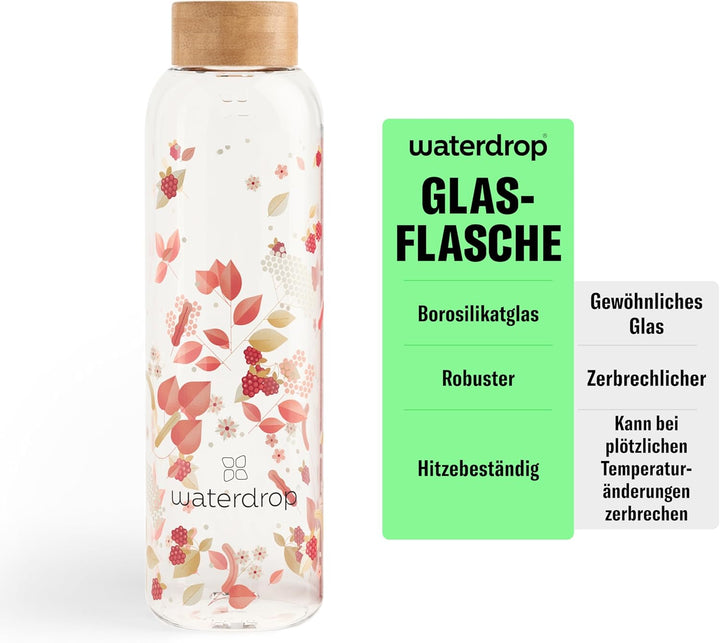 waterdrop® Edition Glass Bottle 600ml Trinkflasche Glas auslaufsicher, Kohlensäure geeignet | BPA fr