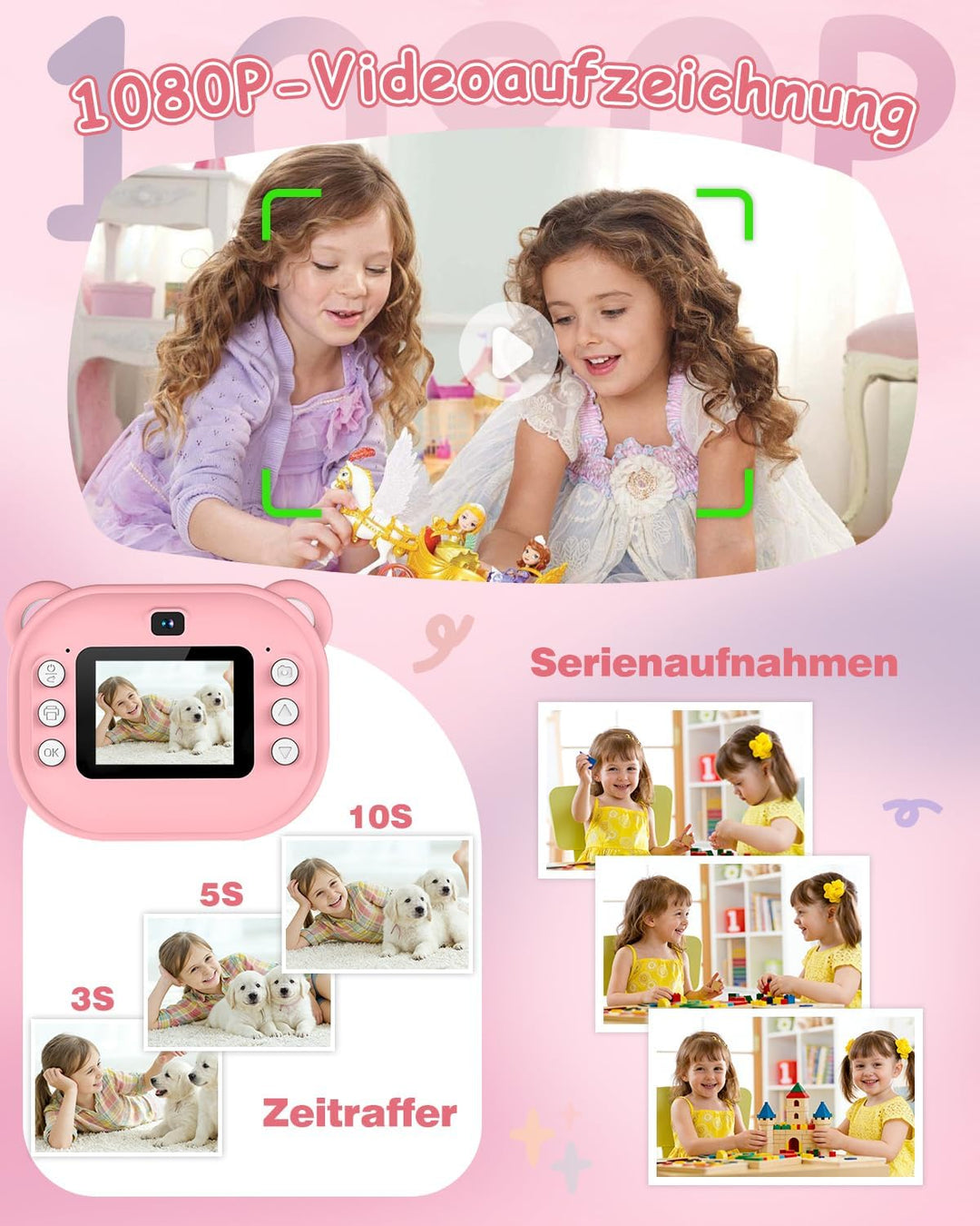 Sofortbildkamera Kinder, 1080P Dual-Linse Kinderkamera Sofortbildkamera, 2" Bildschirm Digitalkamera