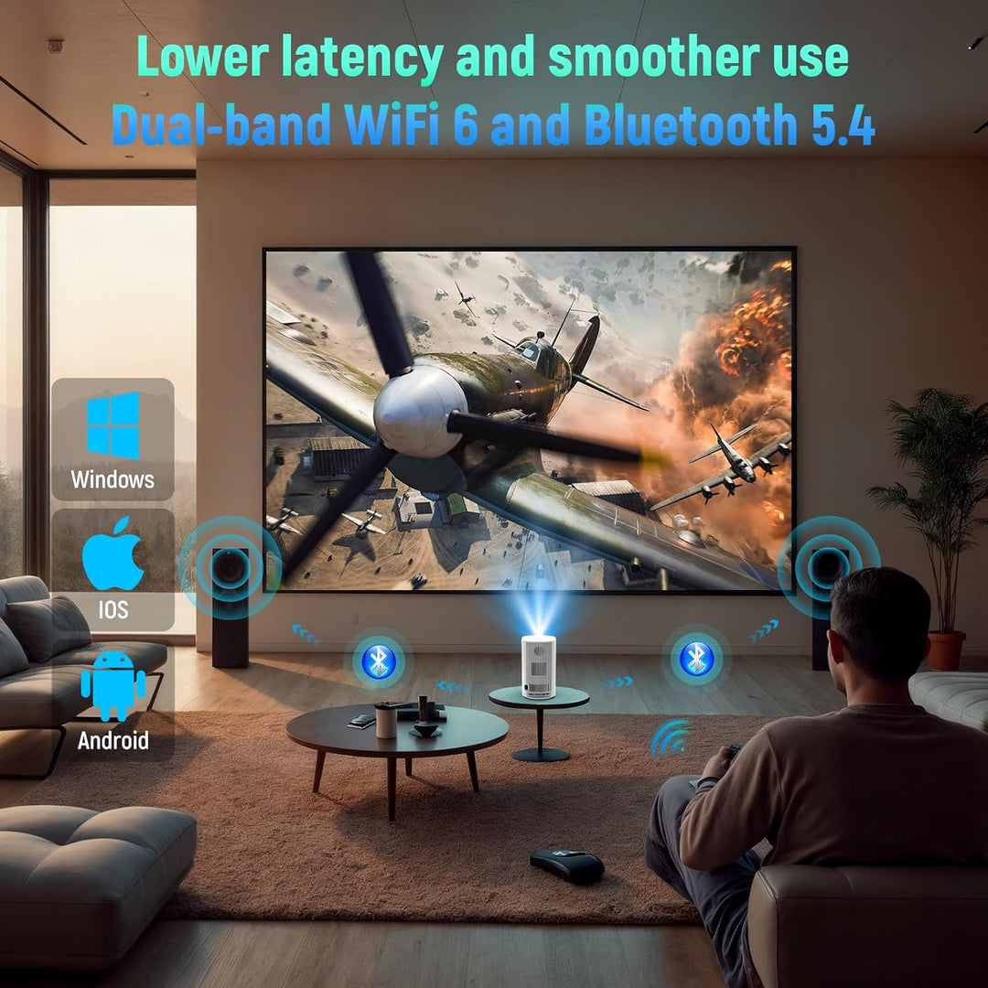 Mini Projektor Unterstützt 4K 1080P, Mini Beamer mit WLAN und Bluetooth, Tragbarer Projektor mit Aut