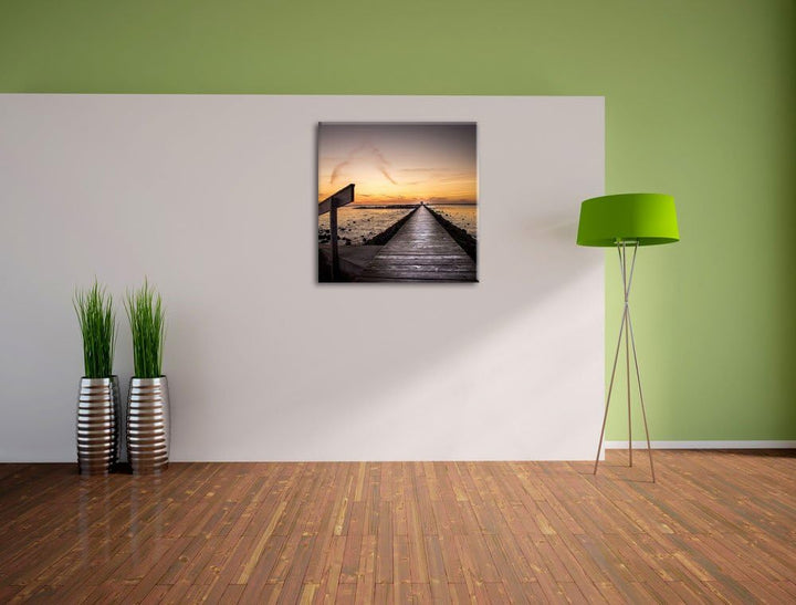 Pixxprint Langer Steg im Sonnenuntergang an der Nordsee, Format: 70x70 auf Leinwand, 70x70