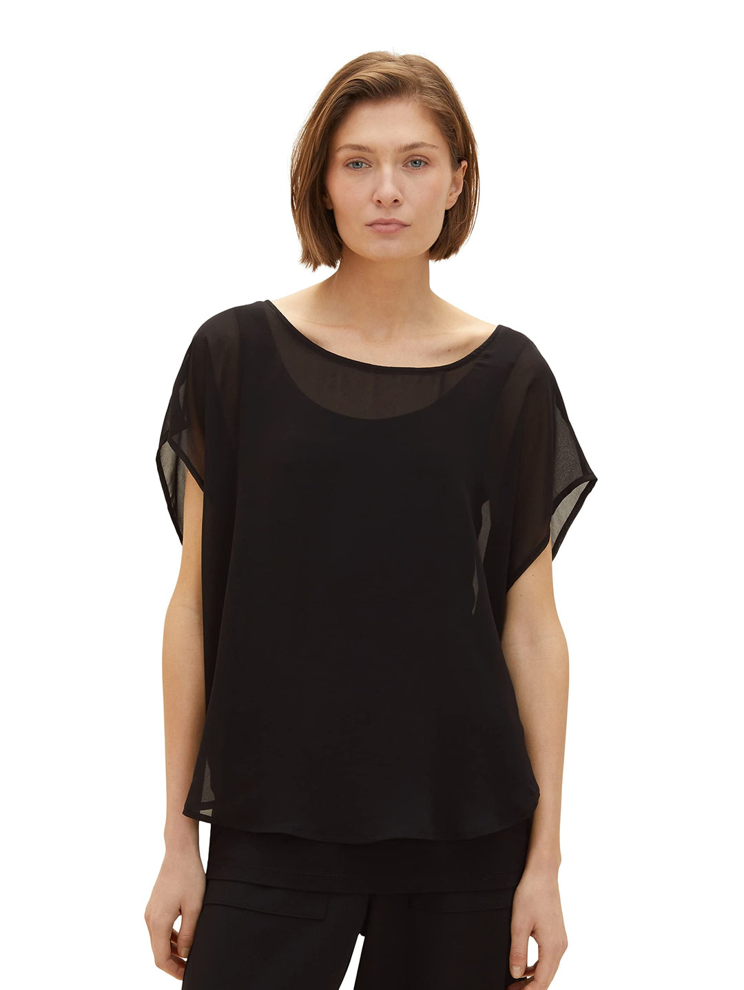 TOM TAILOR Damen T-Shirt mit Überwurf XXS 14482 - Deep Black, XXS 14482 - Deep Black