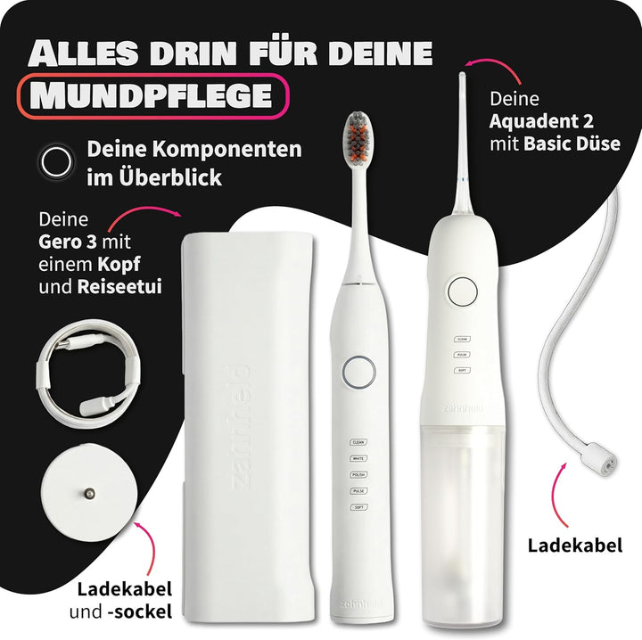 Zahnheld® Super-Set, elektrische Schallzahnbürste GERO + Munddusche AQUADENT | inkl. Bürstenkopf & R