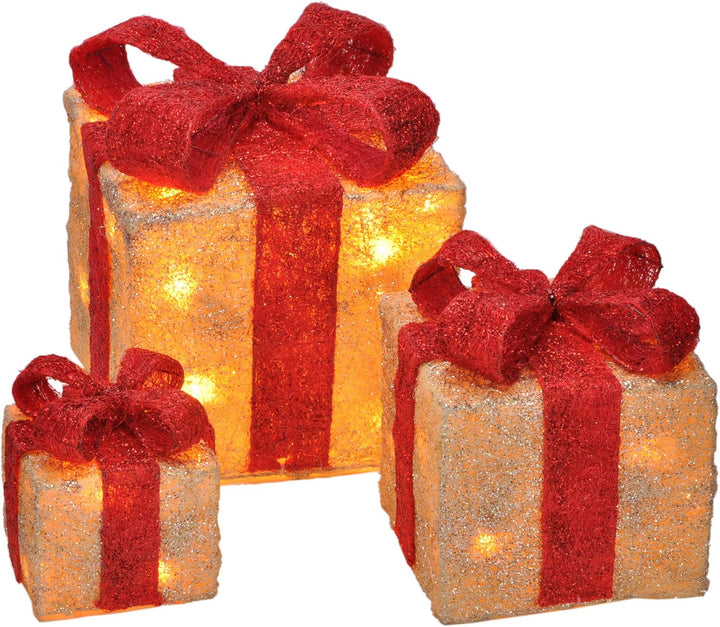 LED Geschenkboxen mit Timer 3er Set - ROT - Weihnachts Dekoboxen warm weiss beleuchtet - Weihnachten