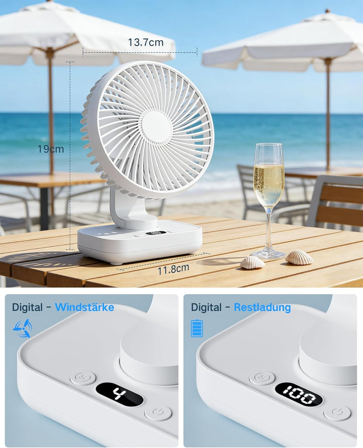 Tischventilator Automatisch Oszillierend, Leise 30 dB, Sanfter Luftstrom, 4500mAh Akku, USB-C, LED D