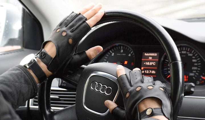 NOVBJECT Herren Fingerlose Lederhandschuhe Hirschleder Halber Finger Ungefüttert Motorrad Outdoor Au