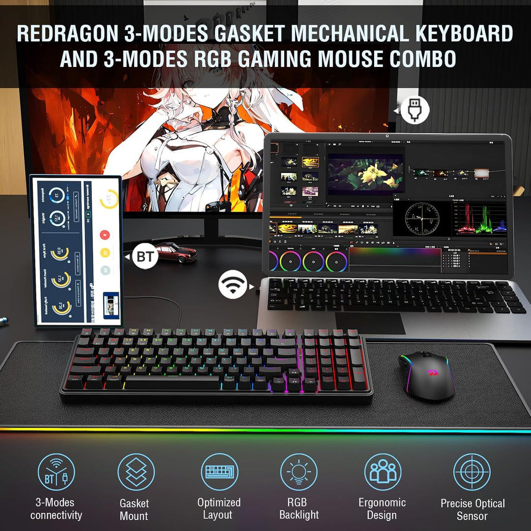 Redragon S162 3-Modus Wireless Gaming Tastatur & Maus-Kombination, 99 Tasten K744 RGB Gaming-Tastatu