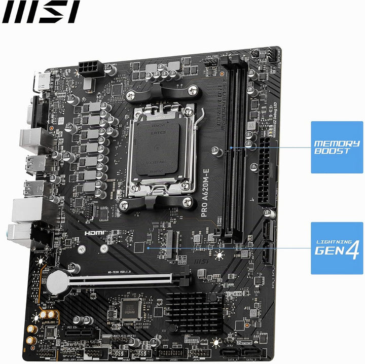MSI PRO A620M-E Mainboard Micro-ATX - Unterstützt AMD Ryzen 7000 Series Prozessoren, AM5 - DDR5 Memo