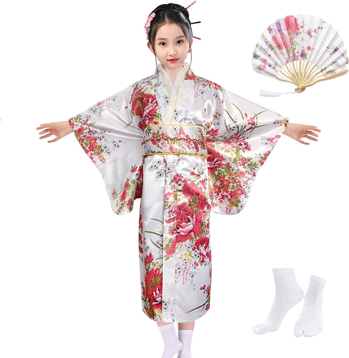 KRUIHAN Kimono Kinder,Satin Kimono Kleid,Kimono Morgenmantel Japanisch Kinder,Halloween Kostüm Mädch