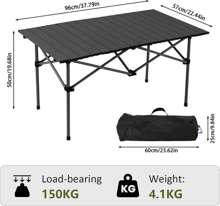 Campingtisch faltbar – Rolltisch mit aufrollbarer Tischplatte, tragbarer Klapptisch aus Stahl inkl.