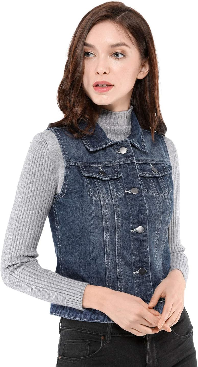 Allegra K Damen Jeansweste Ärmellos Knopfleiste Denim Rever Jacke Westen mit Taschen 3XL Blau, 3XL B