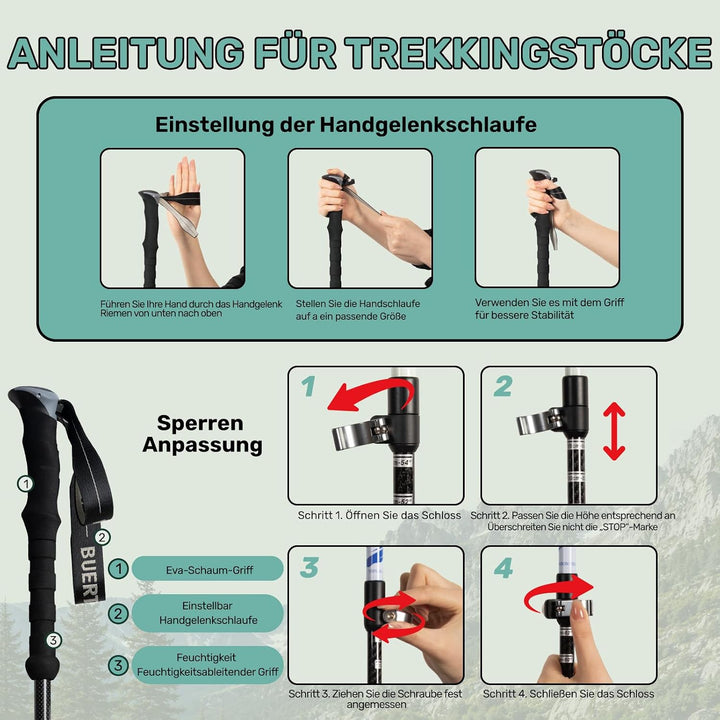 Carbon Trekkingstöcke 2er Set – Nordic Walking Stöcke Damen Herren, Wanderstöcke Teleskop Faltbar, U