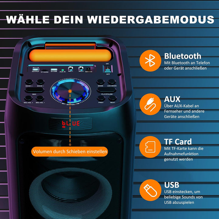 JYX Karaoke Anlage mit 2 drahtlosen Mikrofonen, Grosser Karaoke Lautsprecher Bluetooth mit Rädern un