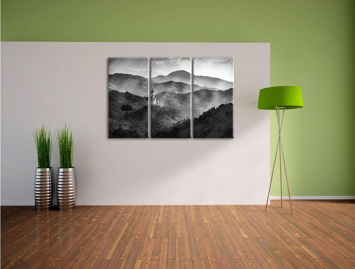 Pixxprint Buddha Bild im Tal der Dunkelheit Kunst B&W 3-Teiler Leinwandbild 120x80 Bild auf Leinwand