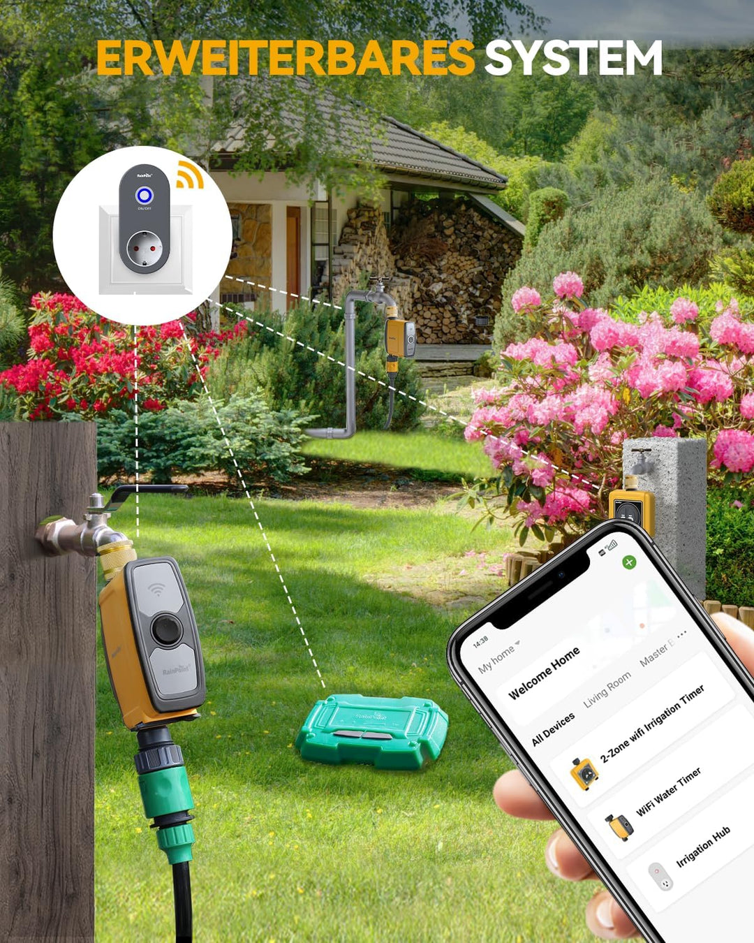 RAINPOINT Bewässerungscomputer WLAN 2,4 GHz mit Messingeinlass, Automatische Garten Bewässerungsuhr