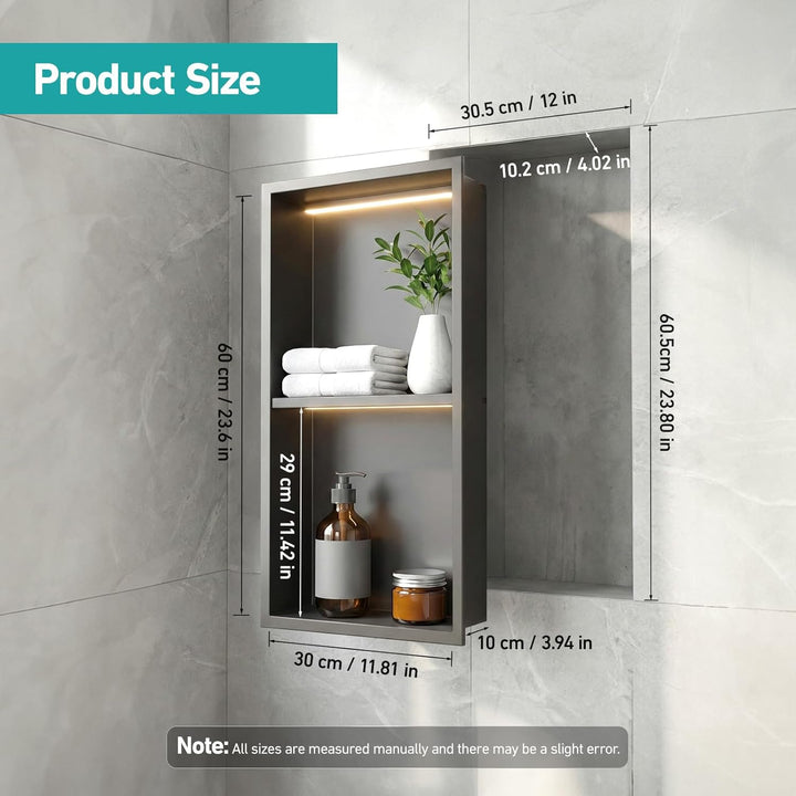 Zyncove Wandnische Dusche mit LED-Beleuchtung (4000K Warmweiss), 304 Edelstahl Duschnische mit Ablag